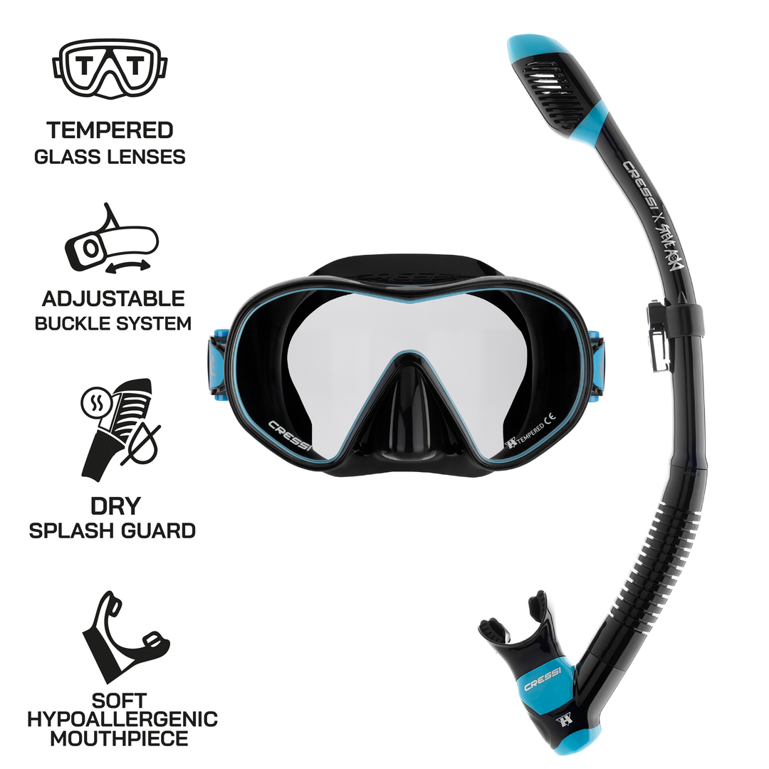 Cressi x  Steve Aoki HiroQuest snorkkelisetti, Limited Edition Black/Turquise