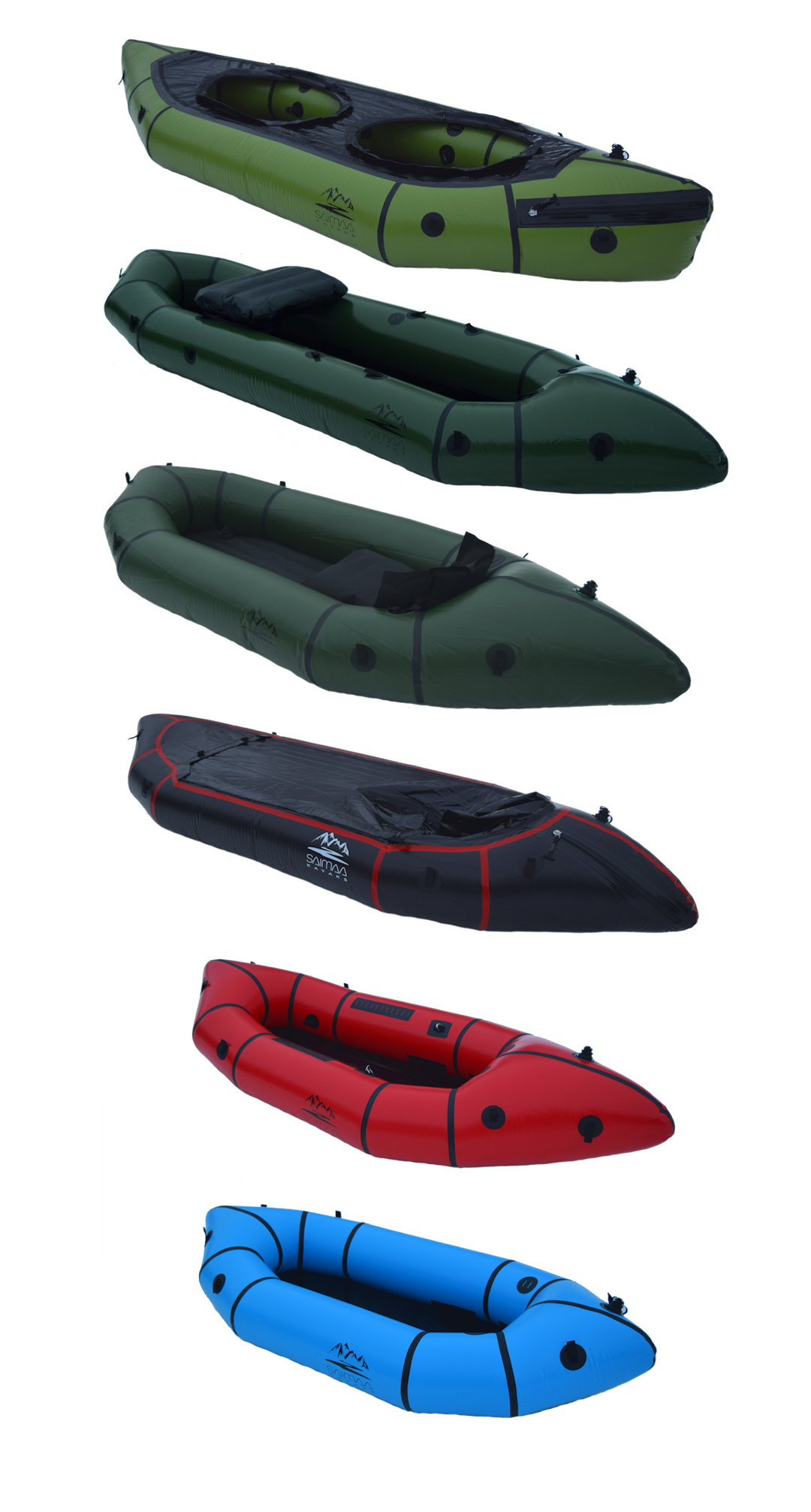 Saimaa Kayaks packraftit, Adventure Twin, Fisher Twin, Trek, Adventure, Rapid ja Feather